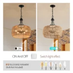 19" Boho Hemp Rope Pendant Light, Hand-Woven Jute Hanging Lamp with Adjustable Chain, Natural Rope Shade Ceiling Light