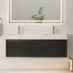 Goldoma Homein double sink vanity, top-down view of engineered stone countertop with two sinks and faucet holes.