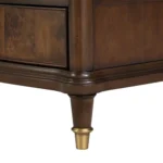 Modern nightstand with power outlet, dark cherry finish, gold legs, two drawers, and key knobs - Goldoma