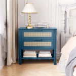 Rattan nightstand with drawers and storage shelf in turquoise finish, boho bedside table for bedroom
