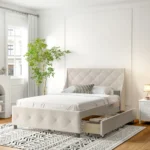 Goldoma queen bed frame with storage headboard in carbon gray with four drawers