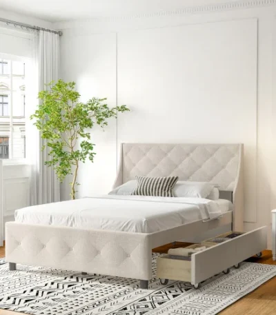 Goldoma queen bed frame with storage headboard in carbon gray with four drawers