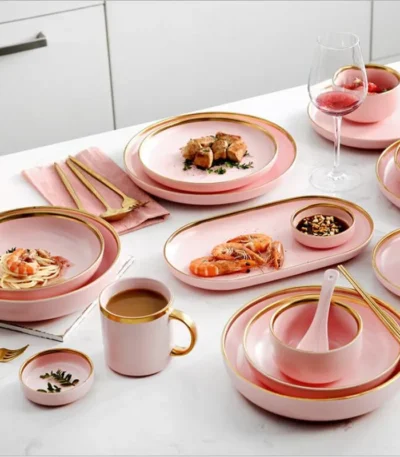 Gilt Rim Pink Porcelain Dinner Plate Set Kitchen Plate Ceramic Tableware Food Dishes Rice Salad Noodles Bowl Mug Cutlery Set