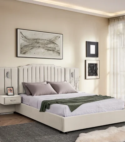 Goldoma queen size adjustable platform bed with velvet flower pattern headboard and pine wood frame for apartment use