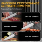 Five-piece Japanese kitchen knives set including paring, boning, butcher, bread, and chef knife on cutting board