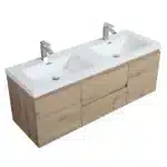 Andean oak textured floating vanity with white countertop, Goldoma, close-up of sink basin and faucet hole.