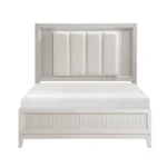 Modern antique white queen bed with LED headboard in a bedroom setting