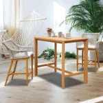 Goldoma aluminum outdoor bar table with wood grain finish on patio