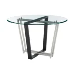 Round glass dining table with black iron sled base - 48 inch clear glass top, modern design, seats 4
