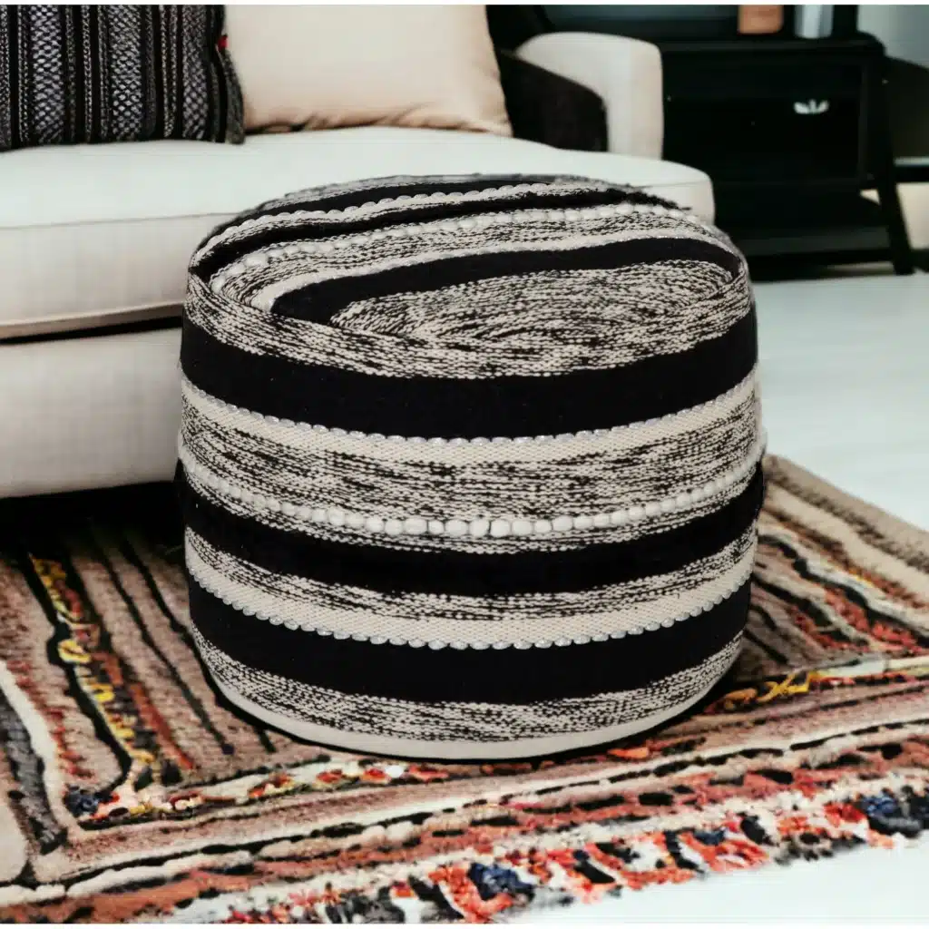 Goldoma 18" White Cotton Cylinder Striped Pouf Ottoman - Foot Stool & Extra Seat – side view
