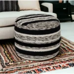 Goldoma 18" White Cotton Cylinder Striped Pouf Ottoman - Foot Stool & Extra Seat – side view