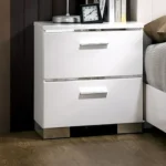Contemporary white nightstand with high gloss lacquer finish and chrome handles