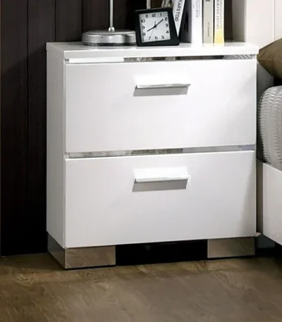 Contemporary white nightstand with high gloss lacquer finish and chrome handles