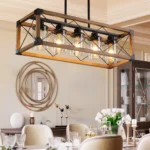 Ship From USA,32" Walnut Industrial Farmhouse Rectangle Pendant Light, 5-Light Chandelier with Lampshades (No Bulbs)