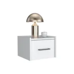 White wall mounted floating nightstand with drawer and surface space saving design for bedroom