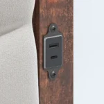 Goldoma queen bed frame with upholstered headboard, charging station, and LED lights in beige linen