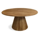 60-inch solid wood pedestal dining table with lazy susan in natural distressed finish, seating six people comfortably