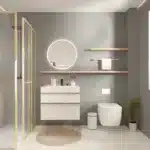 White wall-mounted bathroom cabinet with sink, 24 inch, open doors revealing storage shelves.