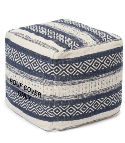 Goldoma handwoven cotton unstuffed boho pouf cover in indigo on a light background
