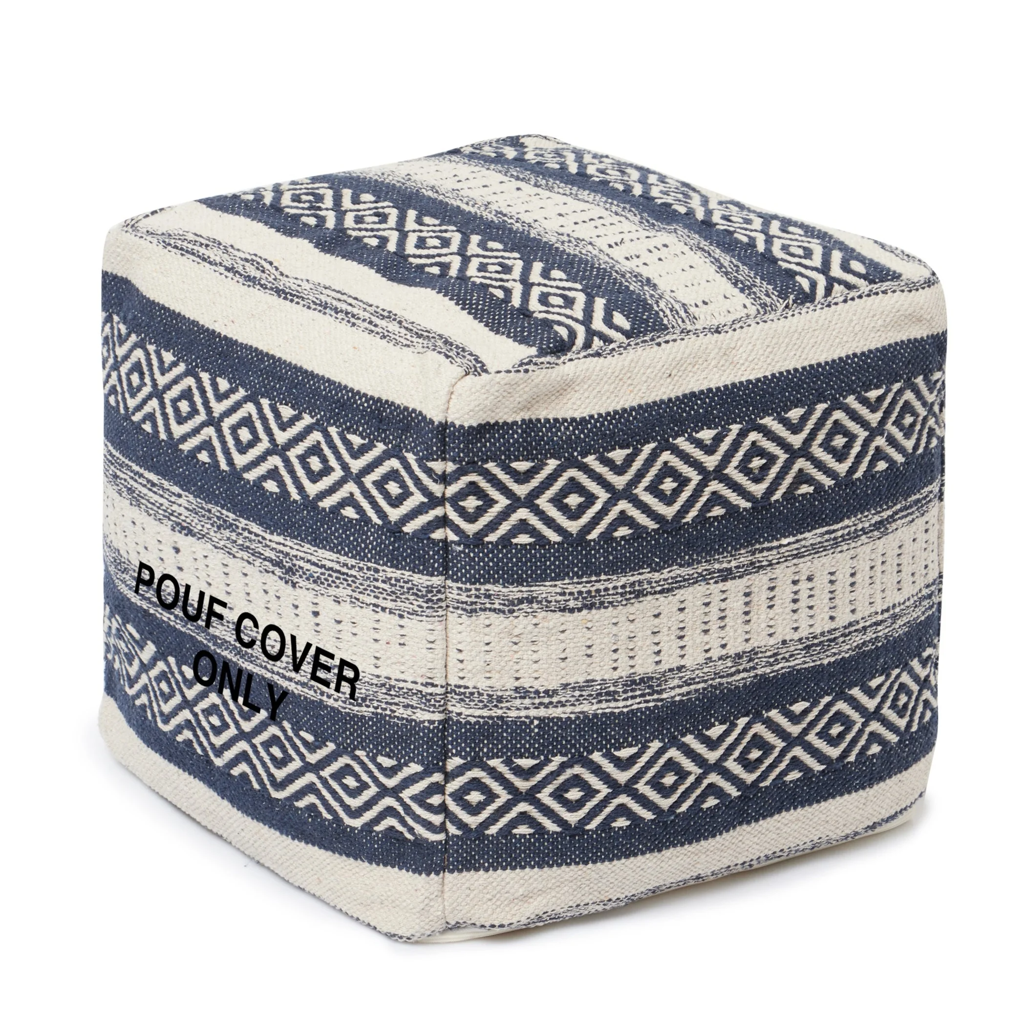 H4e52a6a8089b4260ad041a57774127b9U.webp Goldoma handwoven cotton unstuffed boho pouf cover in indigo on a light background