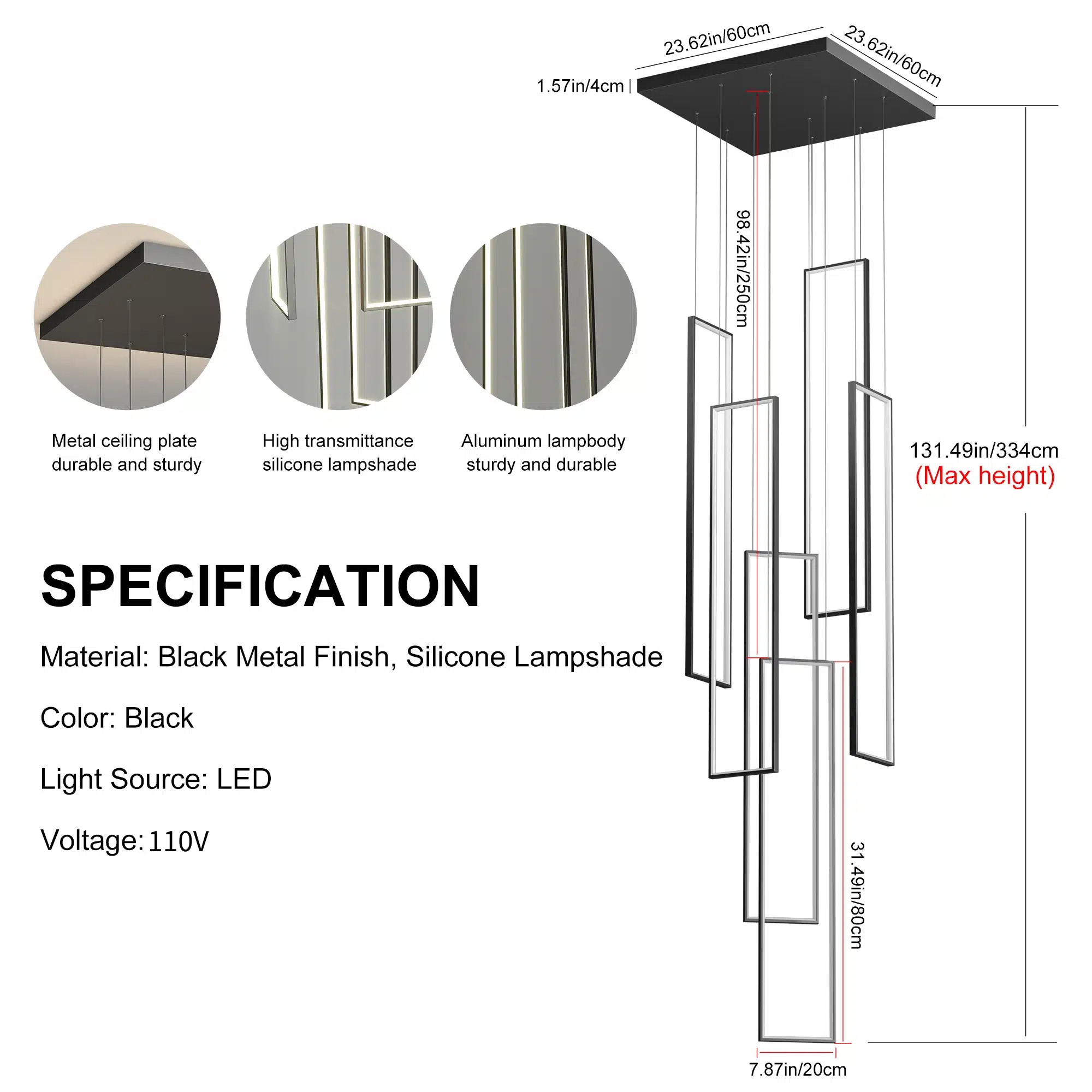 Modern Dimmable 6-Light LED Chandelier, Black Rectangle Pendant Light with Remote for High Ceiling, Staircase, Foyer, Entryway