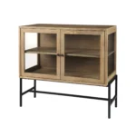 HMS 36" Modern Antique Traditional Sideboard Natural Solid Mango Wood Two Metal Glass Doors for Home Furniture for Living Room - Image 4