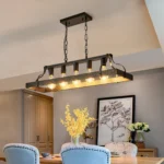Side angle of the 34-inch pendant light highlighting its antique finish and chain.