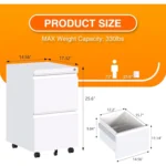 Aobabo 2-Drawer White Metal Office File Cabinet Fully Assembled 25.6''H Legal Letter A4 Size Desk Steel Mobile Lock Wheels