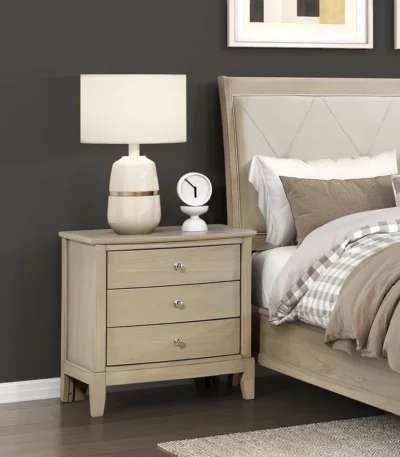 Classic farmhouse nightstand in beige wood finish with three drawers - Goldoma