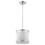 The hanging light illuminated in neutral white 4000K, highlighting the silver metal and white fabric in a restaurant