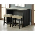 Modern brown dining table set with USB ports and three beige biscuit-tufted stools
