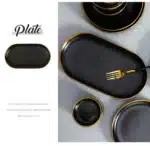 Gilt Rim Black Porcelain Dinner Plates Kitchen Dishes Ceramics Tableware Food Tray Rice Salad Noodles Bowl Cutlery Set