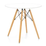Goldoma 30 inch round dining table with white fiberglass top and natural solid wood base in a modern home setting