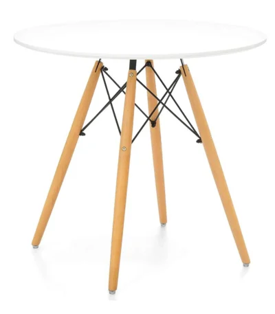 Goldoma 30 inch round dining table with white fiberglass top and natural solid wood base in a modern home setting