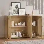 Vintage 3-Door Sideboard Faux Rattan Doors Metal Handles Large Storage Antique for Living Room Hallway Decorative Cabinets