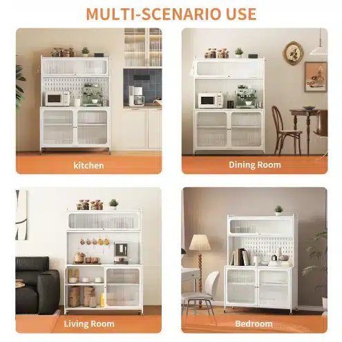 White Tall Storage Sideboard Cabinet for Kitchen Living & Dining Room with Glass Doors & Adjustable Shelves