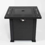 28-inch propane fire pit table with black steel square design on patio