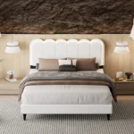 Modern full size upholstered bed headboard with ambient light in brown PU leather