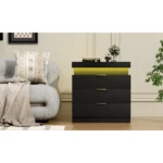 Modern LED nightstand with three drawers and blue glow in bedroom setting