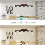 Detail view of the clear glass shades and the industrial-style metal accents on the farmhouse pendant light.