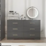 Modern lighted 6-drawer chest with gold handles in black finish for bedroom storage