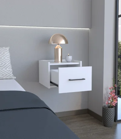 White wall mounted floating nightstand with drawer and surface space saving design for bedroom