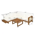 Modern outdoor sofa set with acacia wood frame and beige cushions on patio