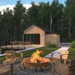 Portable camping fire pit with glowing flames in an outdoor setting