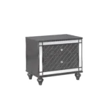Glam contemporary nightstand with mirror plating and two drawers in gray finish, modern luxury bedroom furniture