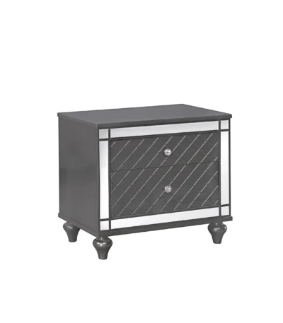 Glam contemporary nightstand with mirror plating and two drawers in gray finish, modern luxury bedroom furniture