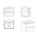 Goldoma Homein 24 in walnut black bathroom vanity with sink, open drawers revealing storage space and sink basin.