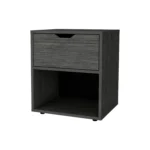 Light gray nightstand with drawer and open shelf in a modern bedroom setting