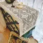 Crochet Cotton Linen Blend Table Runner, Retro Side Table Hollow Tablecloth, Lace Edge, Home Decor – in a cozy room setting
