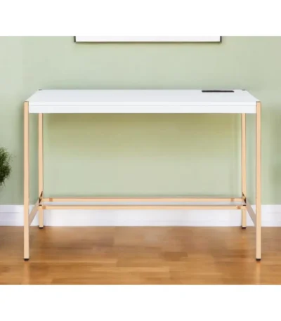 HMS 42" White and Gold Writing Desk with Bookshelf and Drawer Extendable Wooden Computer Table for Office Use